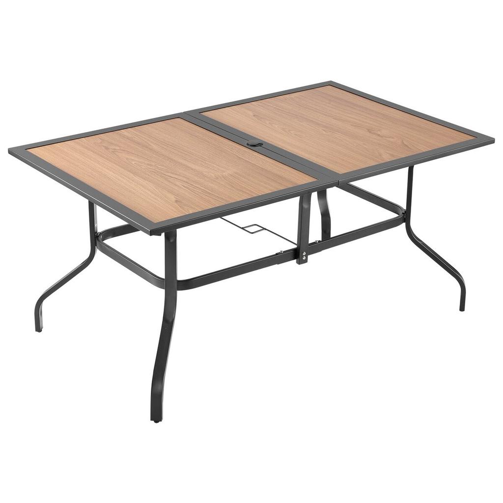 Outdoor Patio Dining Table, 150cm Long Rectangular Wood-Like Steel Slat Backyard Bistro Tables for 4-6, with 38mm Umbrella Hole, All-Weather Large