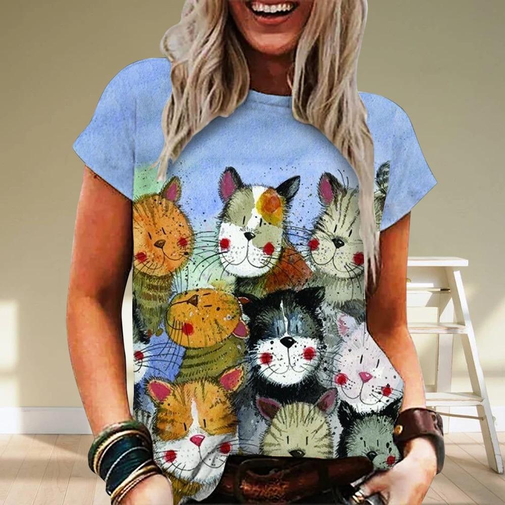 Summer Women Cartoon Cat T-Shirt Fashion Trend Tops Ladies Casual Short Sleeve 3D Printed Clothing Girls O-Neck Casual  Tees