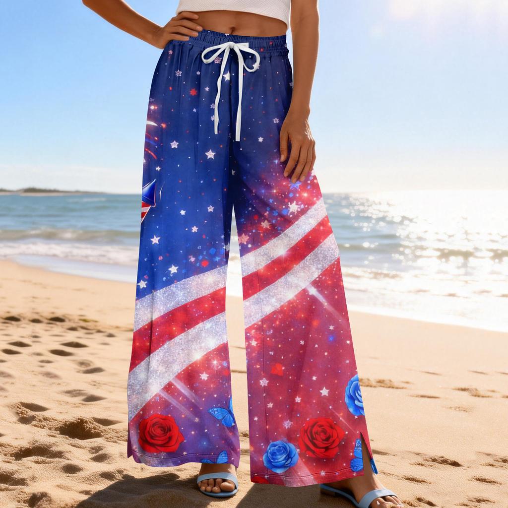 Dámské letní boho palazzo kalhoty s vysokým pasem a širokými nohavicemi, tisk, ležérní kalhoty s kapsami