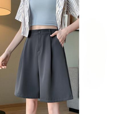 Chiffon Suit Shorts for Women with High Waist Summer Thin Style Slim Black Casual Wide-leg Small Ice Silk Five-point Mid-size Pants