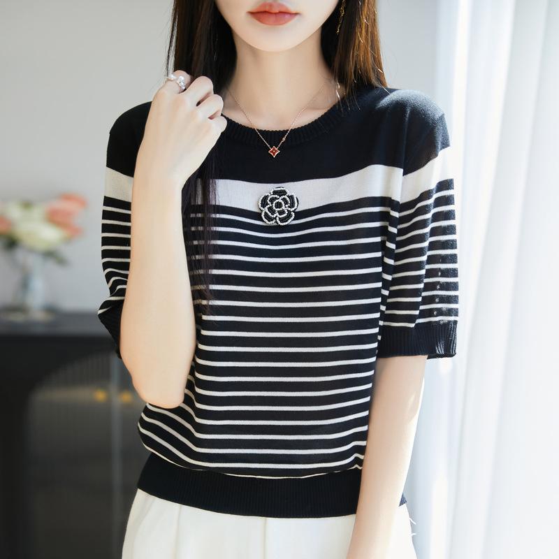 

New Striped Tentis Short-sleeved T-shirt for Women In Summer Thin Fashion and Versatile Camellia Top Comfortable and Versatile XL білий