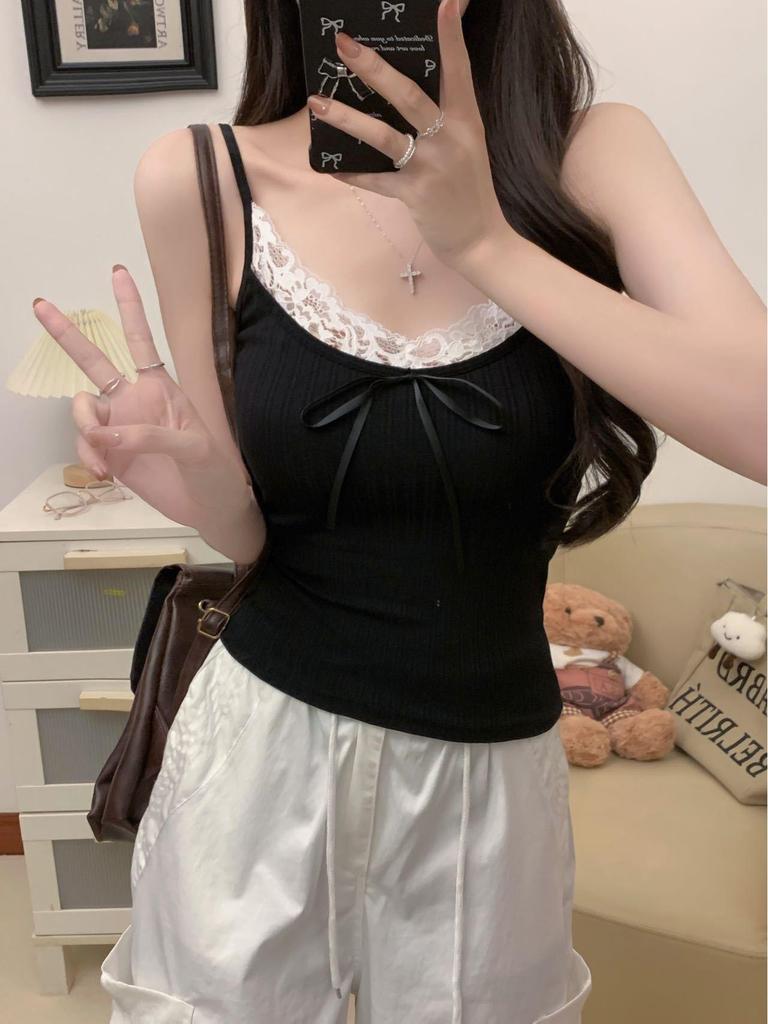 Кружевной лоскутный рубчатый топ-майка с нагрудными вкладышами и облегающего кроя для женщин