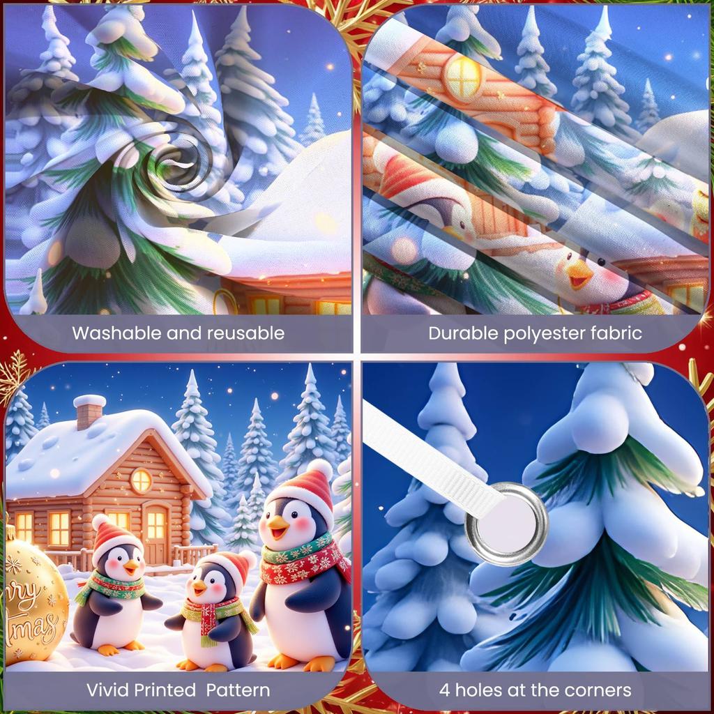 Festive Banner Gold Decorative Penguin Christmas Banner Holiday Banner Snowy Tree For Holiday Photo Shoot Christmas Decoration