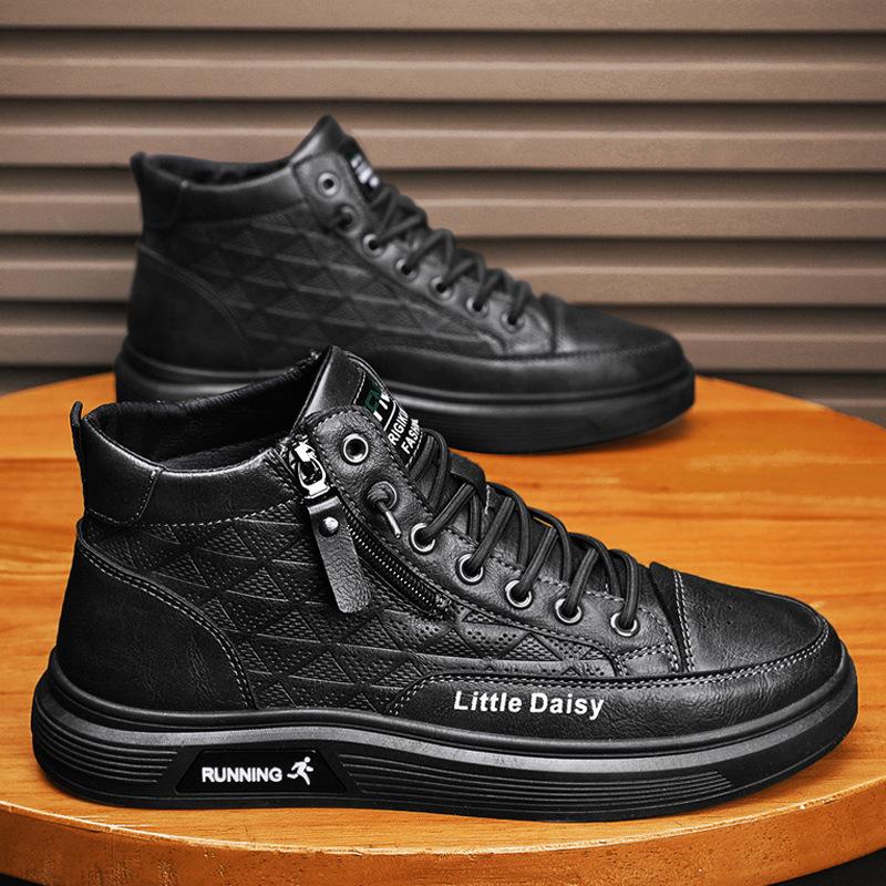 Men'S Shoes Autumn Leather Surface High-Top Board Shoes Lace-Free Zipper Fashionable Comfortable Breathable Men'S Shoes