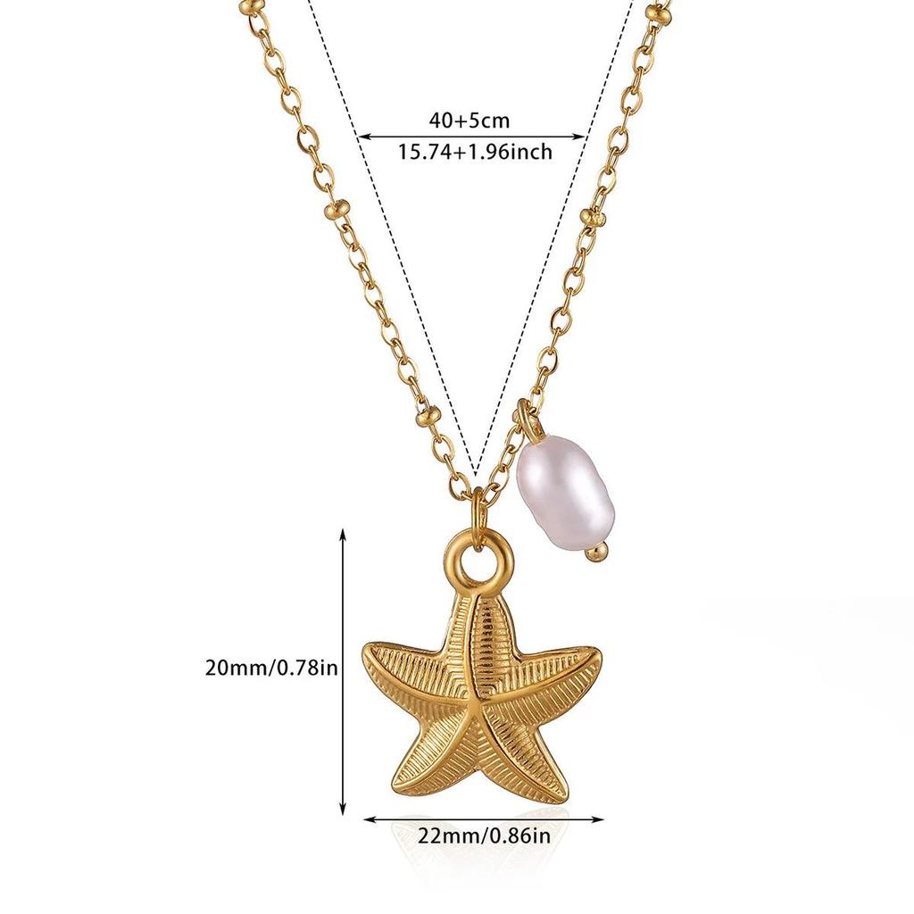 Collar con colgante de concha y estrella de mar de acero inoxidable - Estilo Vacaciones en el Océano