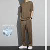 Spring Summer Men's Quick Dry Models Plus Size Solid Colour Thin Short Sleeved T Shirt + Trousers Sports Two Piece Set