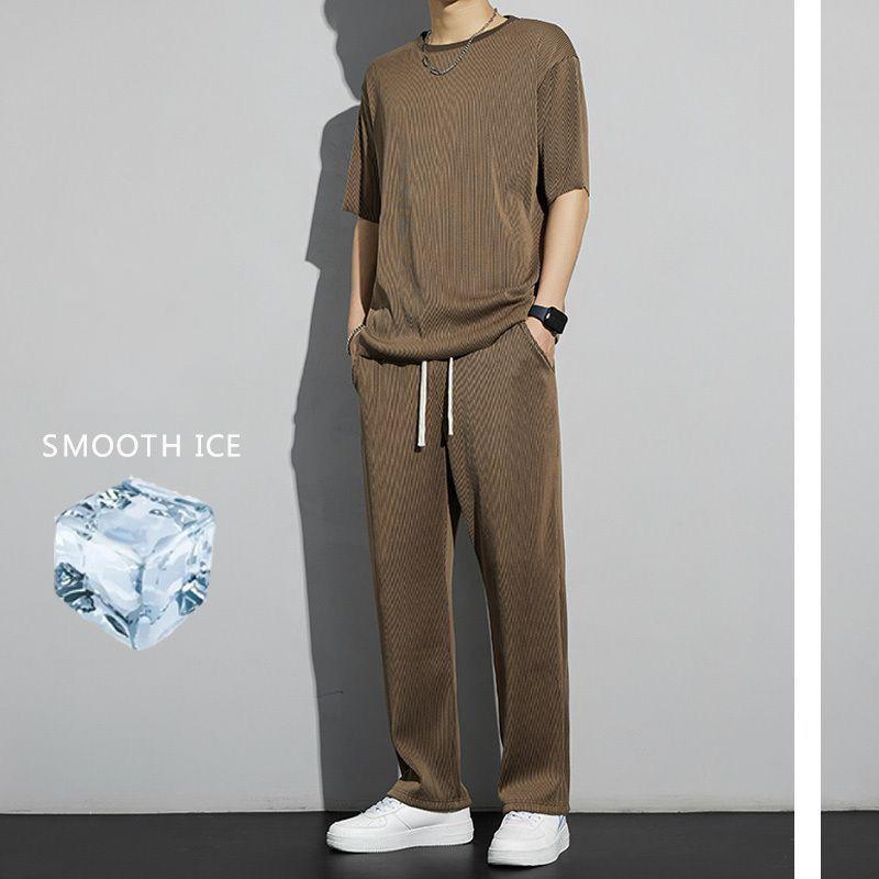 Spring Summer Men's Quick Dry Models Plus Size Solid Colour Thin Short Sleeved T Shirt + Trousers Sports Two Piece Set