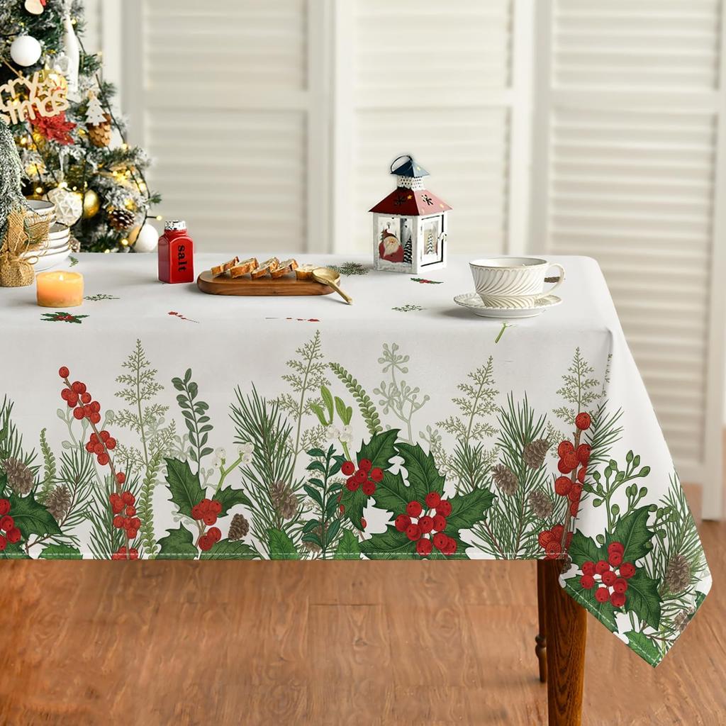 Christmas Holly Berries Pine Leaves Waterproof Tablecloth Table Decor Winter Xmas Kitchen Dining Tablecloth Christmas Decoration