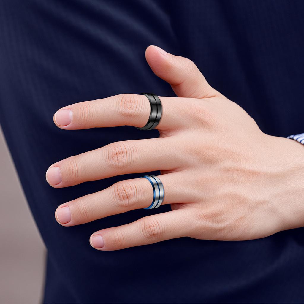 Fashionable 8mm Men's Black Stainless Steel Wedding Ring with Black Groove Beveled Engagement Ring, Suitable for Men's Valentine