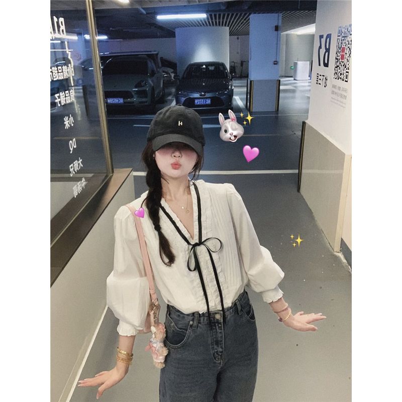 Kumikumi Sweet Style White Lace-up Temperament Age-Reducing Long sleeve Shirts Women Autumn Slimming Versatile Chic Top