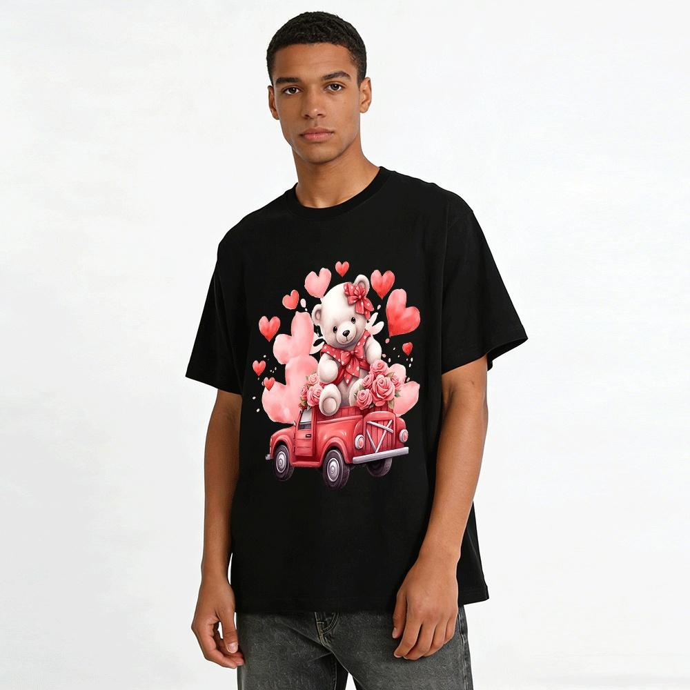 Cute Bear Rose Heart Red Truck Printed Casual Top Pure cotton T-shirt