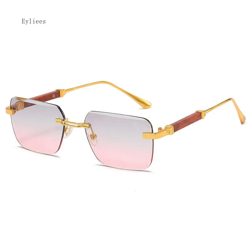 Fashion Rectangle Rimless Sunglasses for Women Square Vintage Luxury Design Retro Wooden Frame Gradient UV400 Sun Glasses