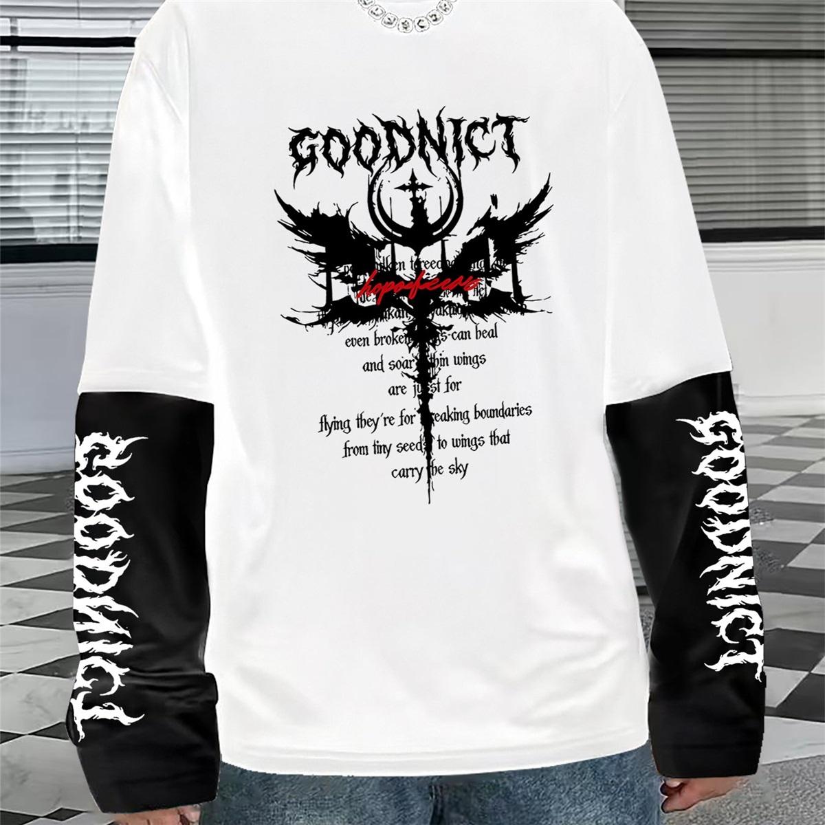 

American Dark Y2K Style Black and White Contrast Long-sleeve T-shirt with Dark Thorn Print 2-in-1 Look XXL білий