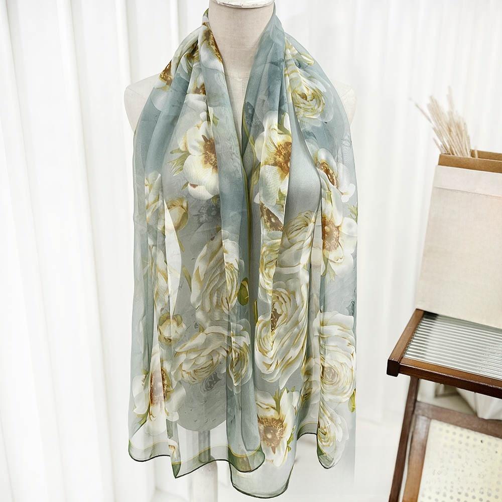 Thin Soft Long Chiffon Scarf Flower Print Beach Scarves Sun Protection Scarf for Casual Wear