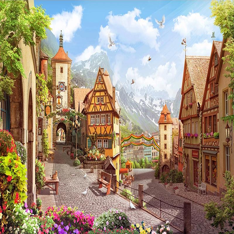 Mural European Style Town Street Scenery 3d Wallpaper Living Room Restaurant Cafe Wall Decoration Mural