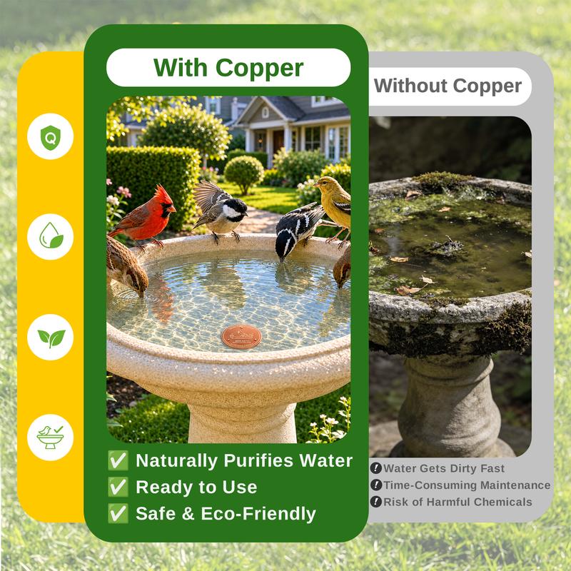 Bird Bath Copper Disk, 0.6mm Thick with Stable Triple-Point Support, All-Season Use, Universal Fit for Outdoor Birdbath