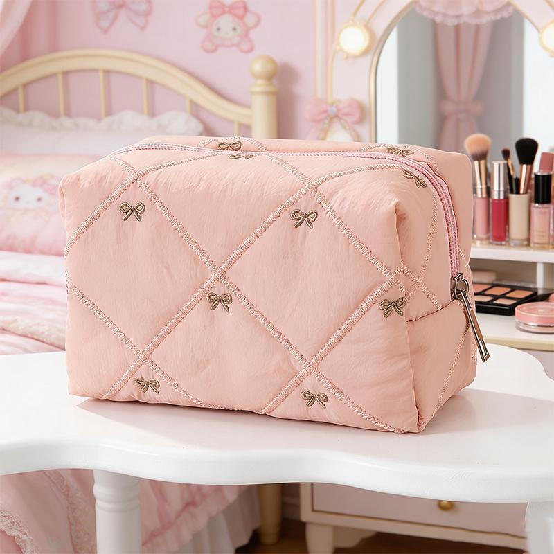 Women'S Cute Bow Quilted Makeup Bag Case Portable Travel Brush Wash Toiletry Bag For Women Cosmetic Organizer Pouch