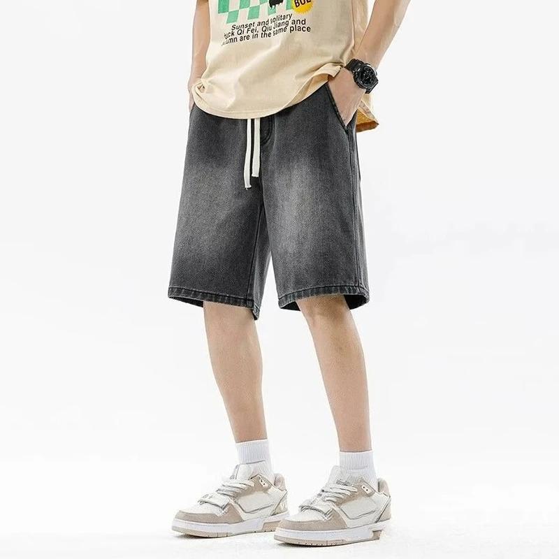 Men Casual Denim Shorts Male Elastic Waist Straight Leg Comfortable Light Blue Soft Short Pants Baggy Wide Leg Jeans