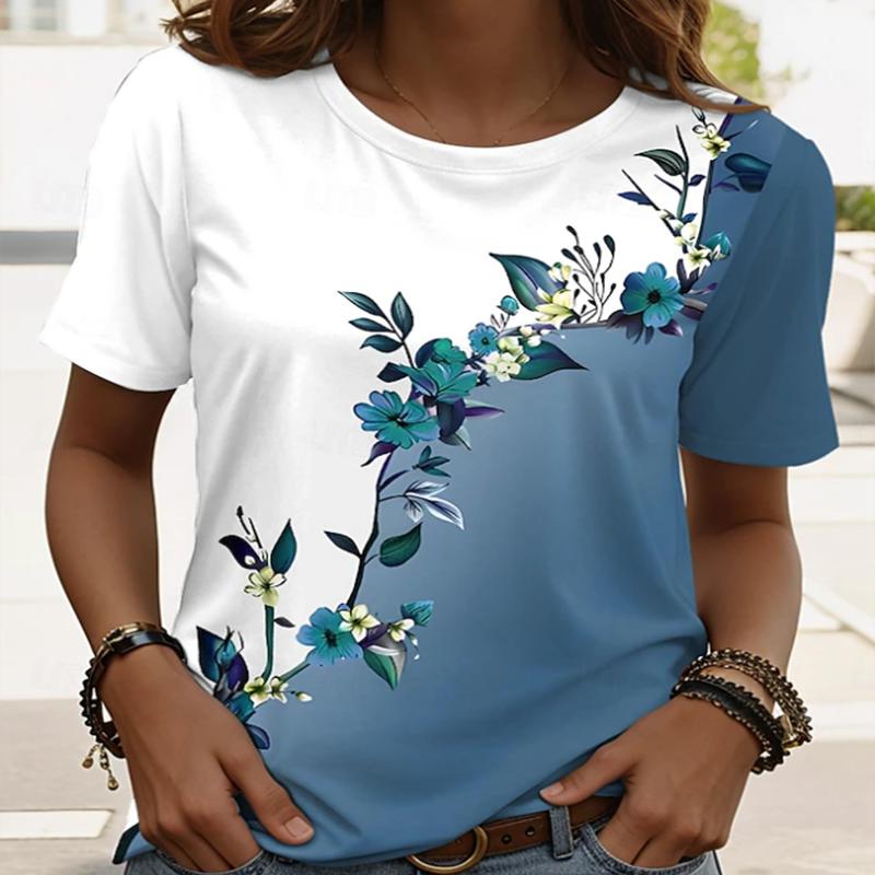 Damen Freizeit T-Shirt mit Blumendruck Hellblau Aquarellblume Rundhalsausschnitt Kurzarm Tops Atmungsaktiv Weich T-Shirts für den täglichen Gebrauch