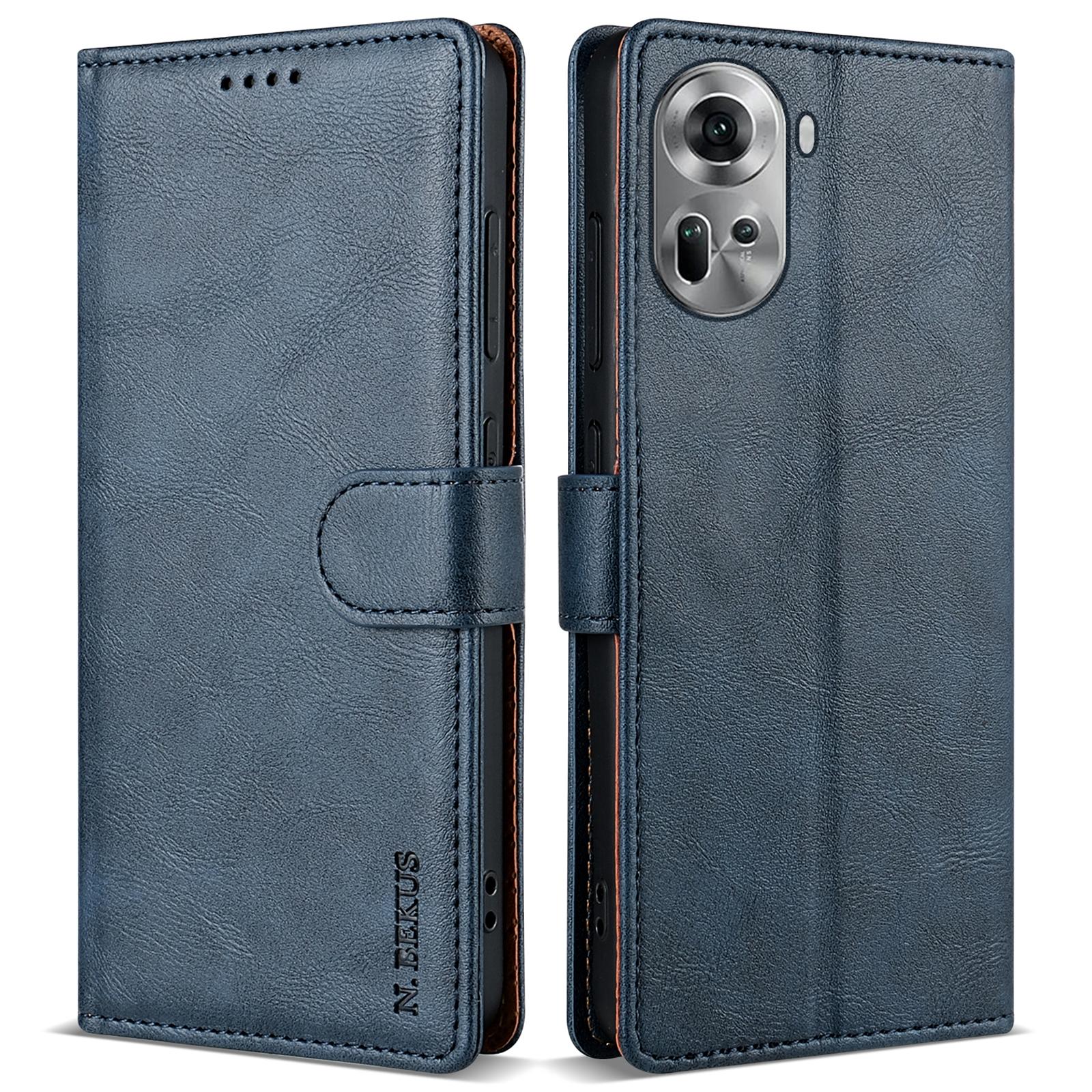 

For Oppo Reno11 5G (Global) Leather Case Solid Color Shockproof Wallet Phone Cover Blue