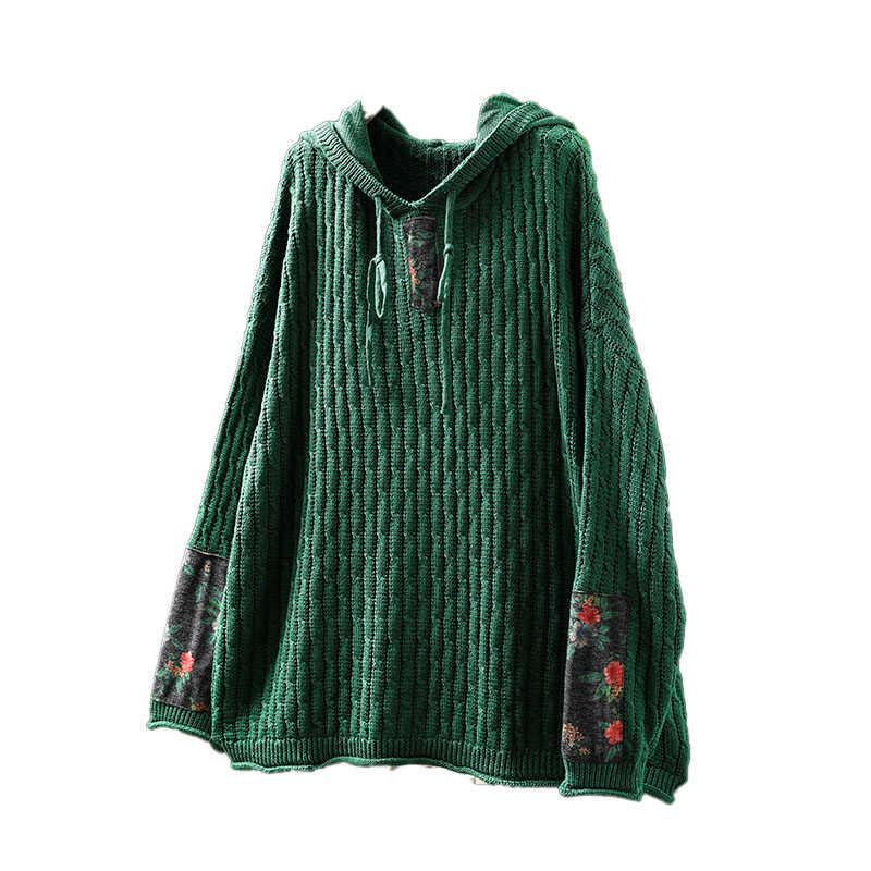 Women's Retro Ethnic Drawstring Hooded Appliqué Knit Cotton Sweater - Loose Plus Size for Spring & Autumn