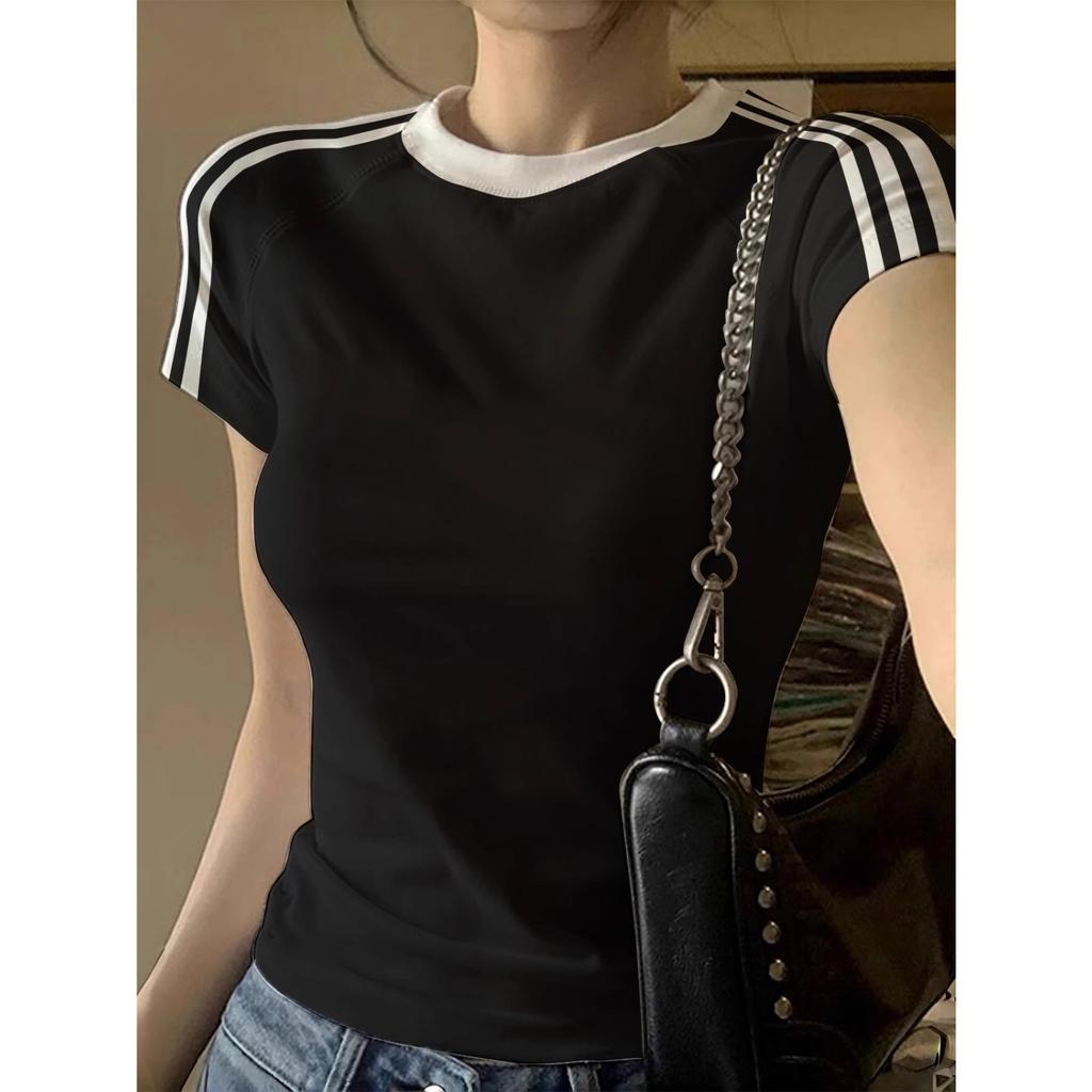 Women's Round Neck Short Sleeve Regular Fit Top Casual Colorblock Cotton T-Shirt