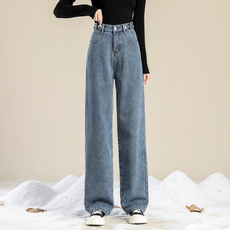 Women's Fleece-Lined High Waist Wide-Leg Jeans - Thick, Loose, Slimming, Straight-Leg Floor-Length Pants