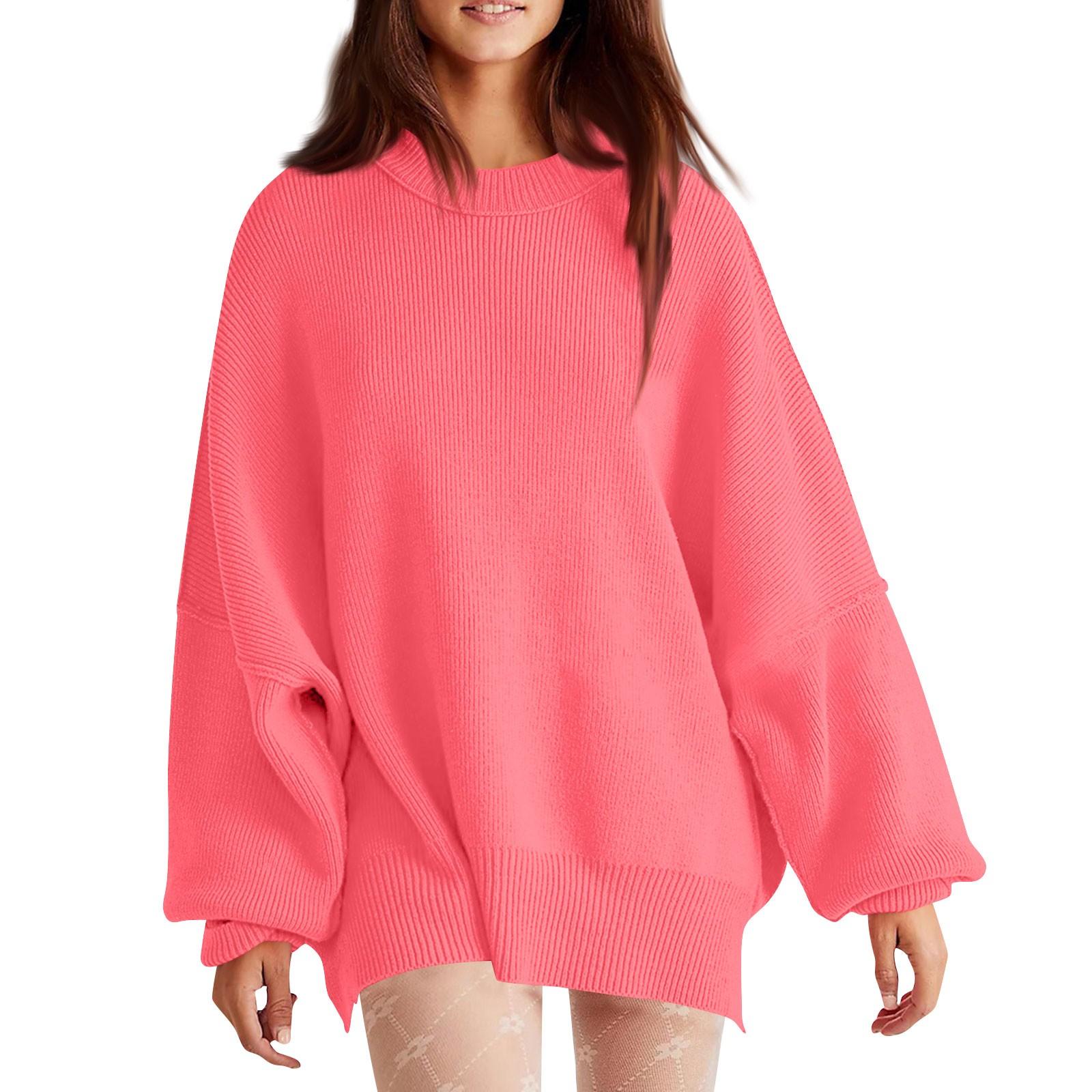 

Женская мода свободный пуловер вязать однотонный свитер с длинными рукавами и круглым вырезом XL арбуз красный