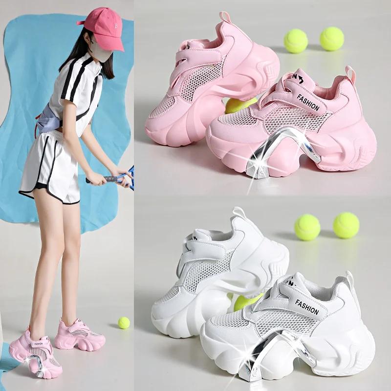 Fashion Women High Platform Breathable Genuine Leather Shoes Lace-up Summer Chunky Sneakers 7.5CM Wedge Heels Woman Hollow Leisure Shoes