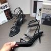 High heels women's 2025 open-toed rhinestones one-word buckle women's shoes stiletto Roman style black sexy sandals