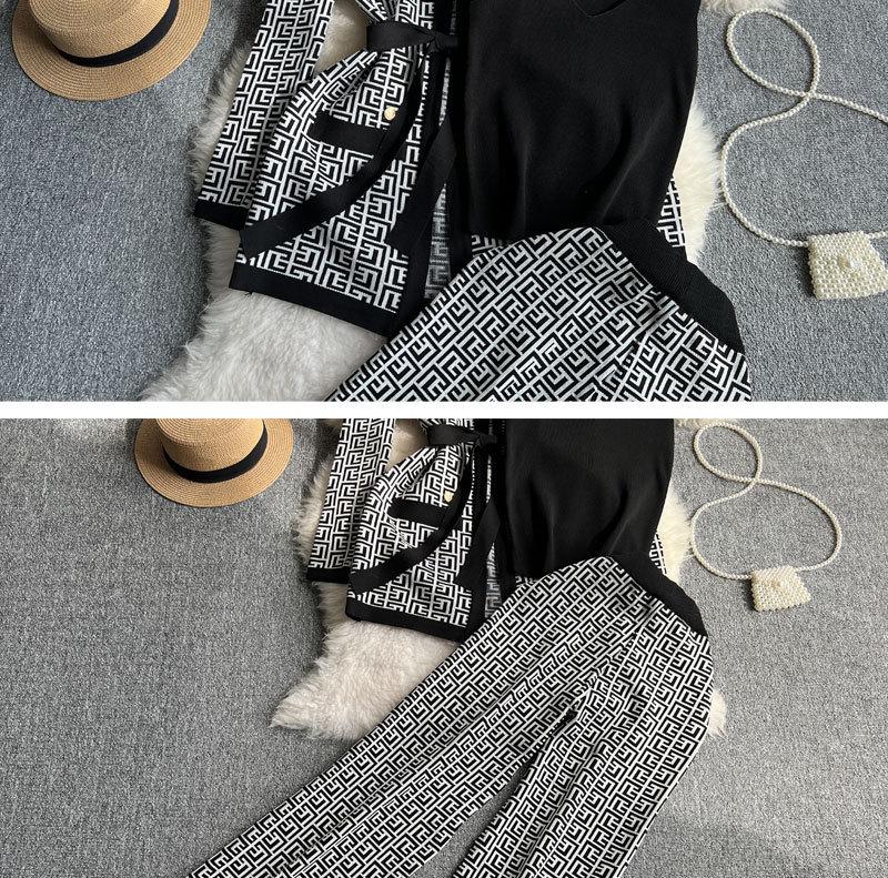 Chic Women's V-neck Cardigan & High-waisted Wide-leg Pants Set