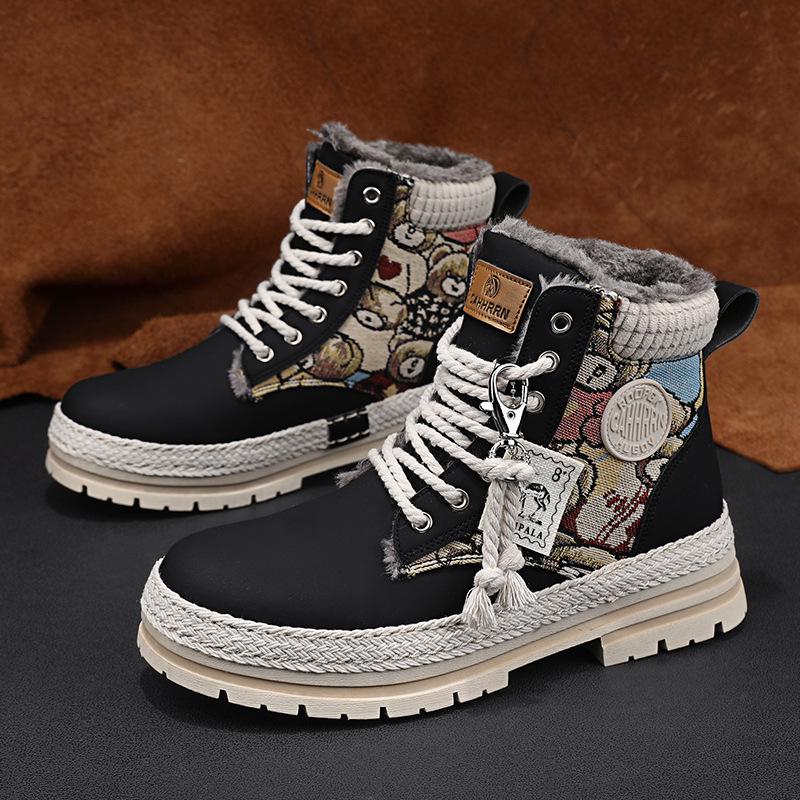 Nové zimní sametové párové martensky na silné podrážce: Teplé motorkářské boty s medvídkem