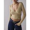 Women Cross Wrap Waist Cinching V Neck Long Sleeve Slim Fit T Shirt