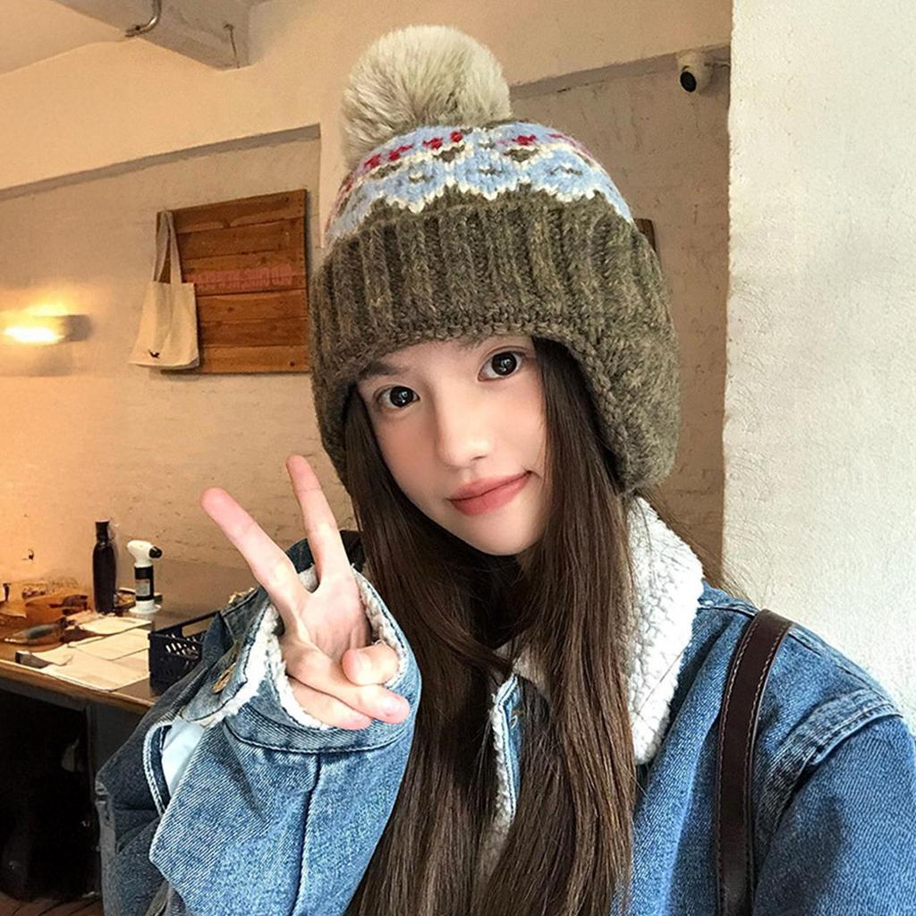 Cappello lavorato a maglia stile Fair Isle per donna, berretto invernale caldo con jacquard etnico, protezione per le orecchie, berretto per bambina, anti-freddo, paraorecchie da Sci sulla Neve, berretto
