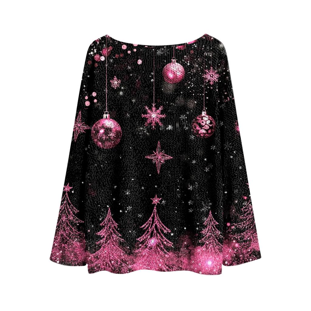 Women's Fashion Round Neck Long Sleeve Christmas Print Casual Pullover Sweater Top