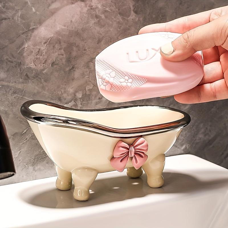 1pc Mini Bathtub-Shaped Soap Dish Charming Bathroom Accessory with Decorative Pink Bow.