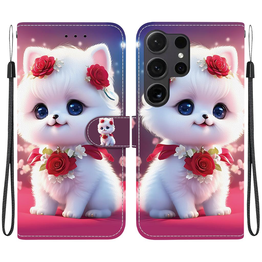 Handmade PU Leather Flip Case for Samsung Galaxy S22 Ultra (SM-S908B) Anti-Slip Shockproof Cover with Wrist Strap & Heart/Rose Cat Designs
