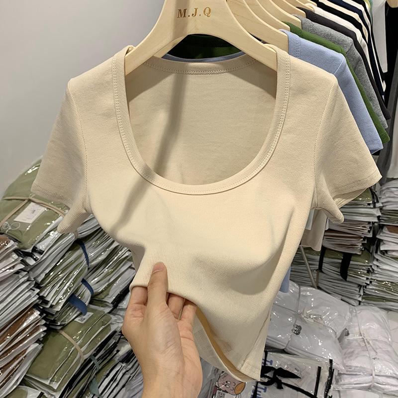 Pure Desire Chic U-Neck Navel-Exposing T-Shirt - Sexy, Tight, Elastic Short-Sleeve Top for Women