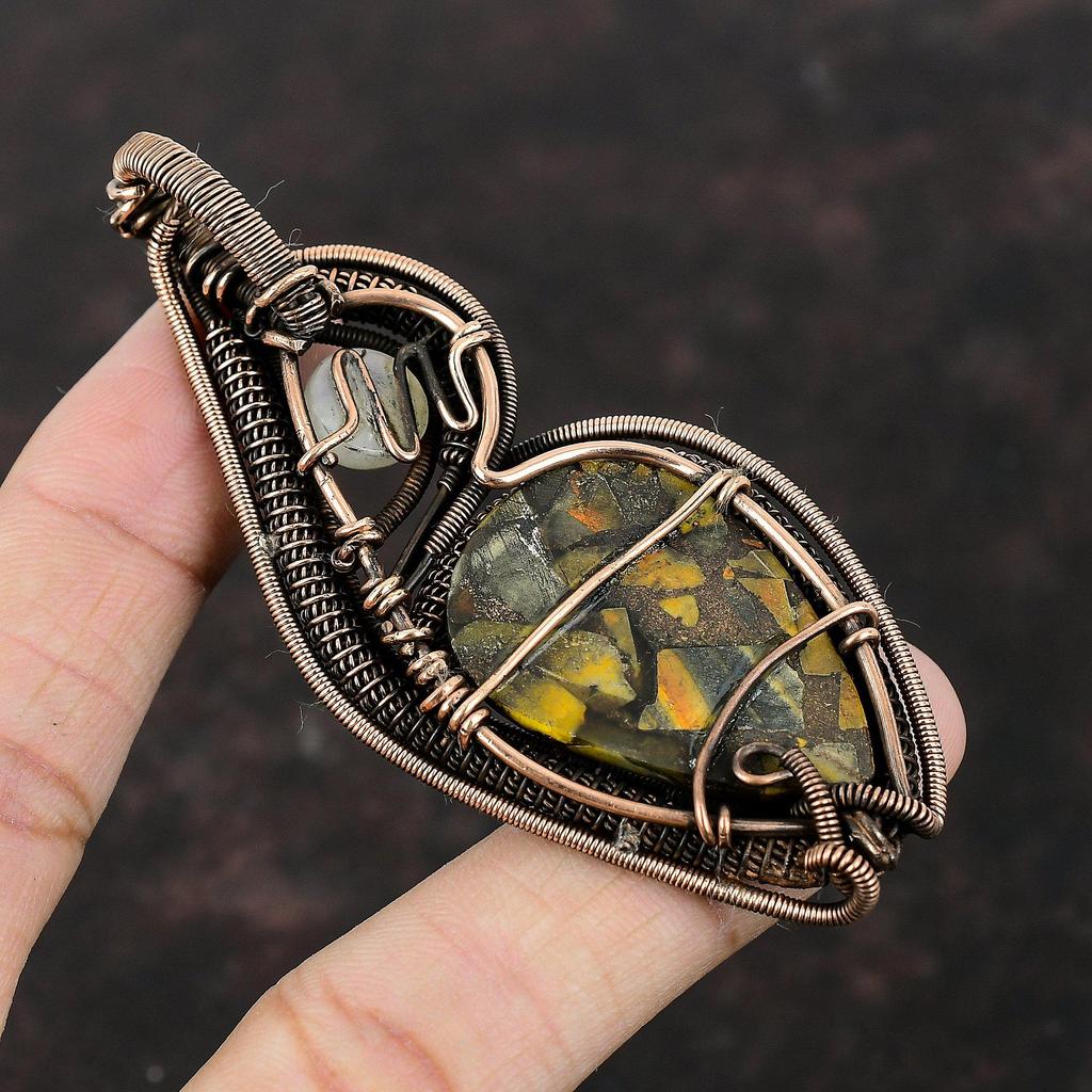 Copper Bumble Bee Jasper Pendant Copper Wire Wrapped Pendant Moonstone Gemstone Pendant Handmade Jewelry Stylish Pendant Copper Wire Jewelry