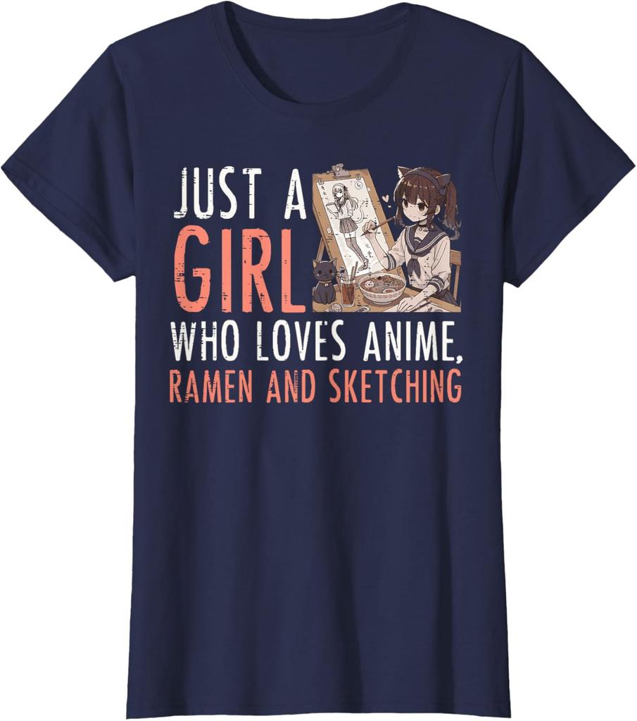 Anime Ramen Sketching Girl Graphic Tee Kawaii Drawing Lover Casual TShirt for Women