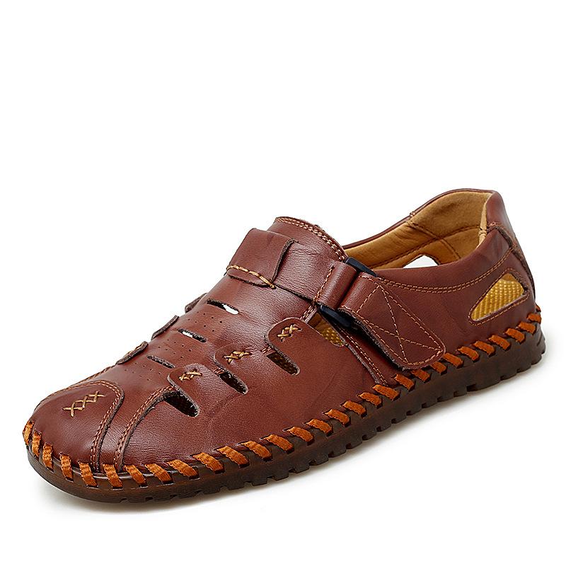 Plus Size Men's Shoes Without Shoelaces Summer Sandals Closed Toe Breathable Genuine Leather Shoes Men's Casual Hollow Hole Driving