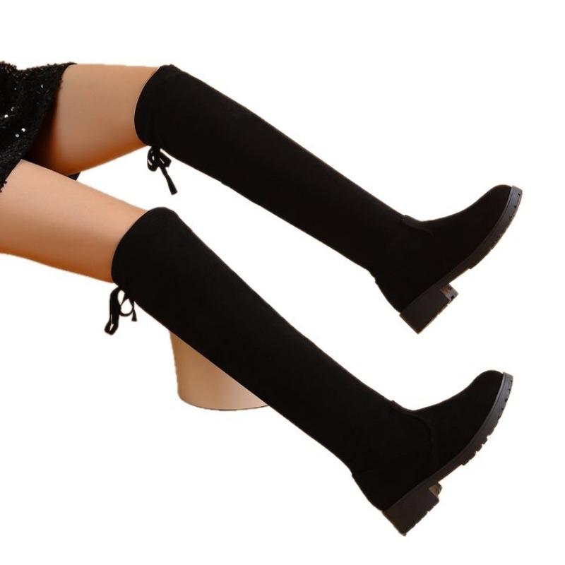 Black Knee Boots Autumn New Round Head Sleeve Women's Boots Thick Heel Fashion Thin Boots