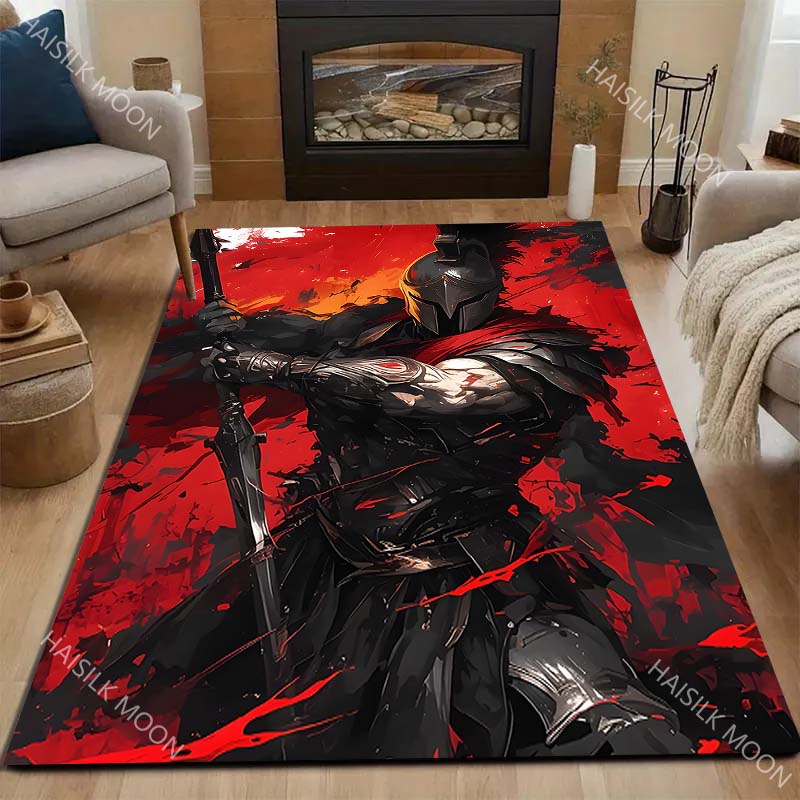 1PC Black-Armored Warrior Blazing Flames Print Carpet for Living Room Bedroom Sofa Home Decor Rus Non-slip Floor Mat Luxury Gift