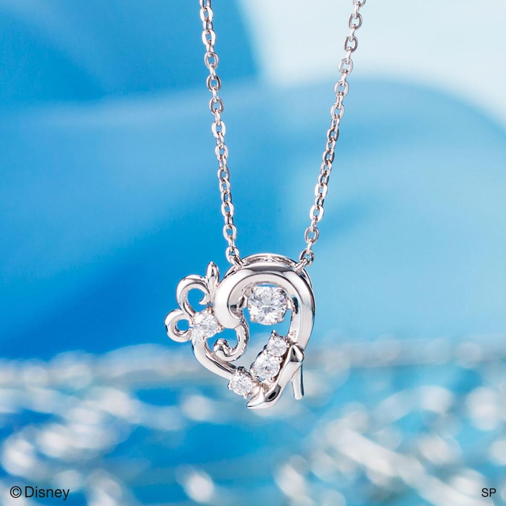 White Clover Cinderella Dancing Stone Disney Sterling Cubic Heart Glass DISS002RD Necklace, Princess, Silver, Zirconia, Shape, Slipper, Silver,