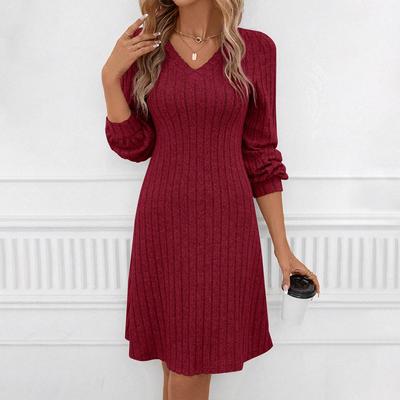 Podzim zima Móda slim červené áčkové mini šaty Ženy harajuku V-výstřih Bodycon šaty dlouhý rukáv elastické Pletené ležérní šaty