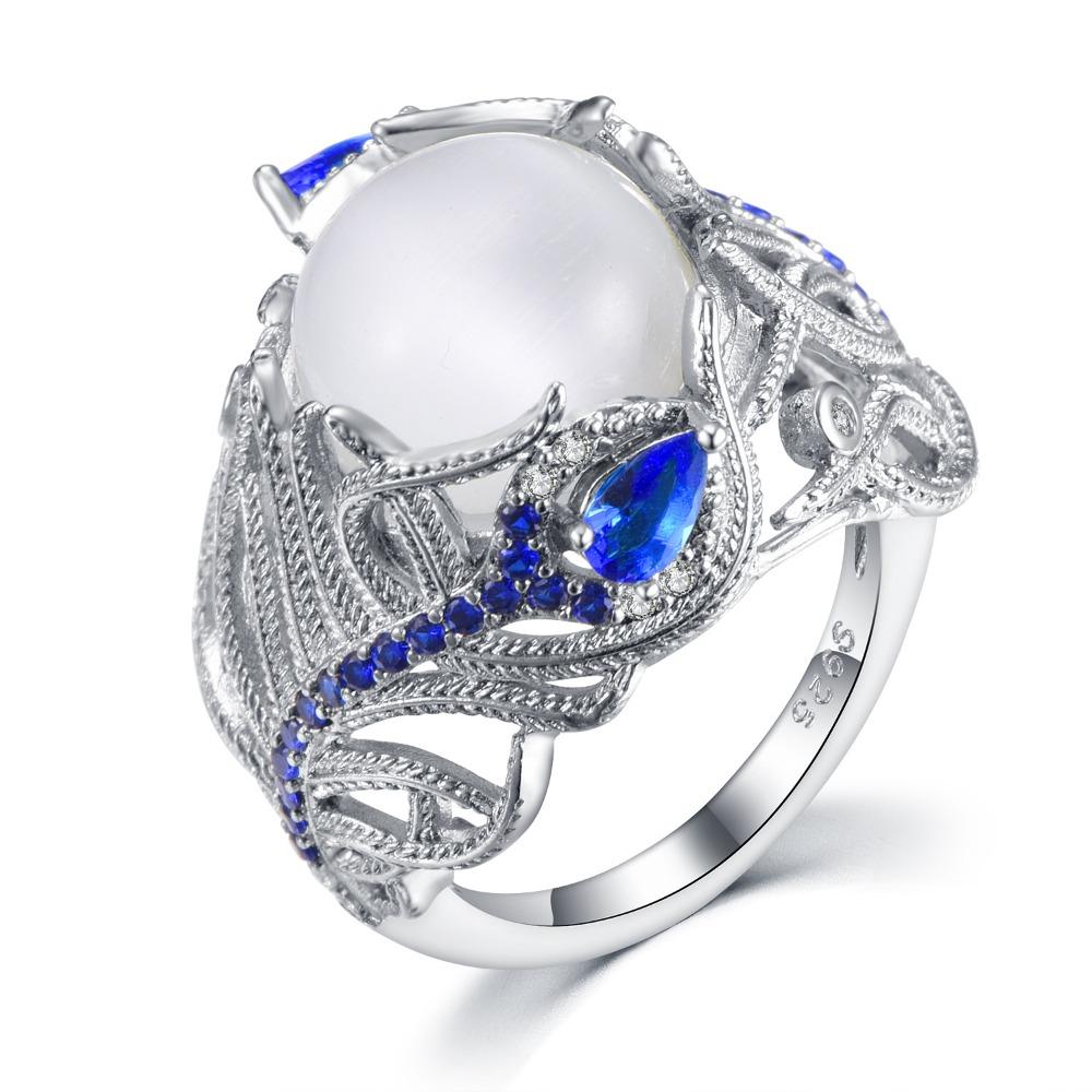 

Moonstone Cat Eye Flower Ring for Women Blue Sapphire Inlay European Style Elegant Jewelry no. 6