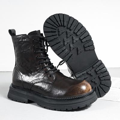 Pánske vysoké topánky s hrubou podrážkou Vintage mäkké pánske kožené čižmy po členok Módne vonkajšie tenisky Šnurovacie protišmykové členkové topánky