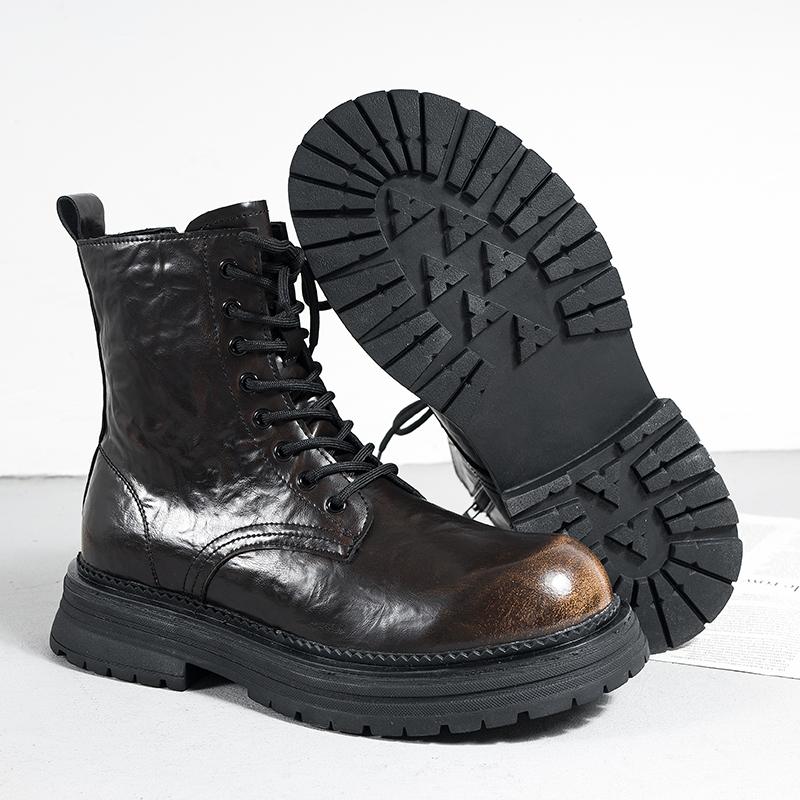 Fashion Thick Bottom Man High Top Boots Vintage Soft Men's Leather Mid-Calf Shoes Fashion Outdoor Sneakers Lace Up Non-Slip Ankle Boots