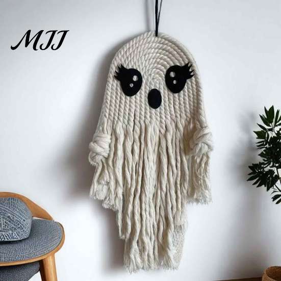 Handmade Cotton Rope Ornament Ghost Hanging for Halloween, Indoor Outdoor Unique Halloween Gift Friends Pendent Front Door Window Wall Yard