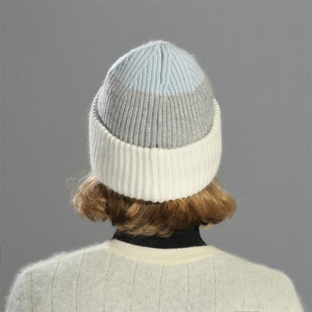 Color Matching Rabbit Plush Wool Hat Double-layer Flipped Brim Versatile Knitted Hat Warm Autumn and Winter Fashion Windproof Striped Hat Women